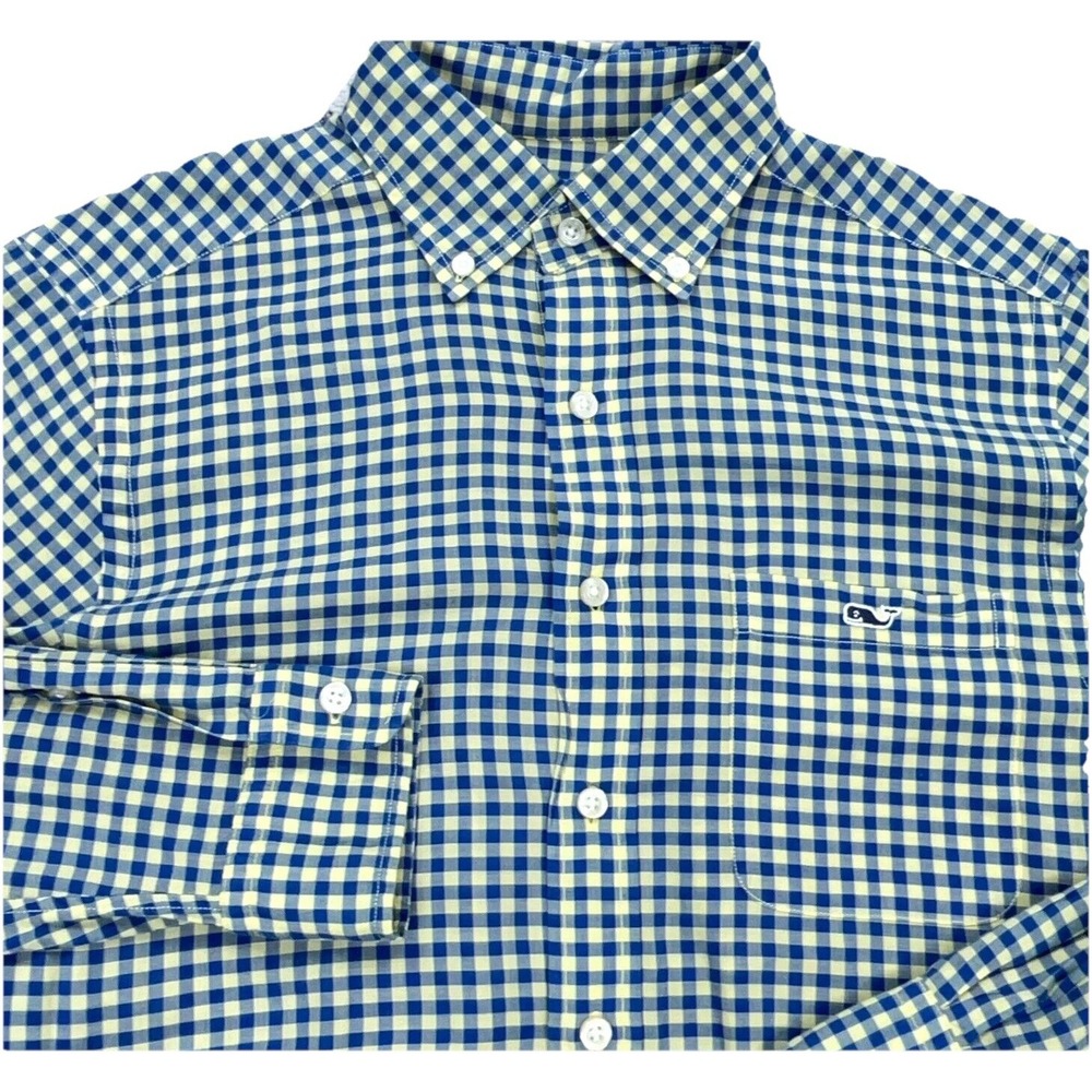 Vineyard Vines Shirt Men Small Yellow Blue Button Up Slim Fit Tucker Gingham 36
